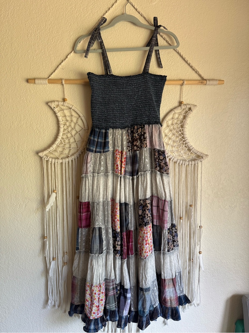NWT Young Threads Smocked Patchwork Midi Dress with Tie Straps - Multicolor